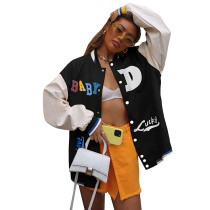 Casual Black Printed Baseball Uniform Jacket