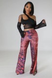 Sexy Faux Denim Print Slit Wide-leg Trousers