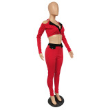 Color Block Patchwork Matching Women 2 Piece Set Spaghetti Strap Backless Crop Top & Buttons Up Pencil Trouser