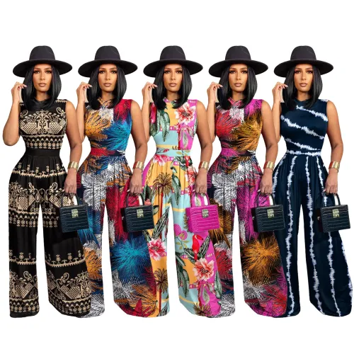Fashion Pattern Printed Sleeveless Rompers + Wide Leg Pants Set