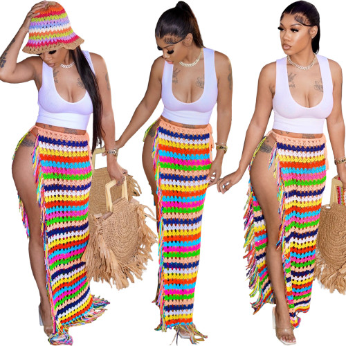 Sexy Color Block Fringe Hem Crochet Cover Up Skirt