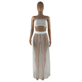 Solid Color Mesh Wrapped Top Hollow Pant and Perspective Long Skirt