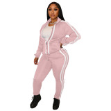 Pink Fashion Solid Black Lapel Two Piece Outfits with Zip Up