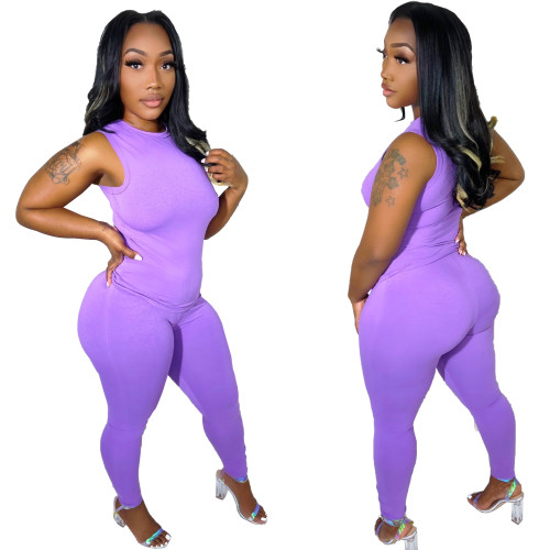 Solid Sleeveless Two Piece Ipresistible Set Purple