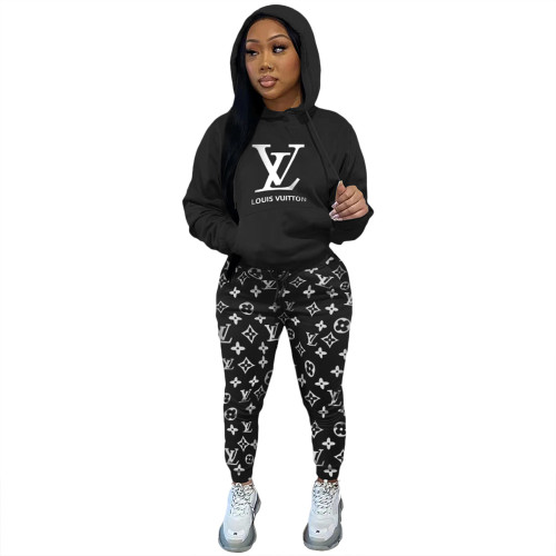 Women Two Piece Casual Twill Sweatshirt Printed Hooded Set