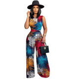Fashion Pattern Printed Sleeveless Rompers + Wide Leg Pants Set