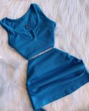 High Elastic Cotton Pit V Neck Low-cut Drawstring Skirt Set