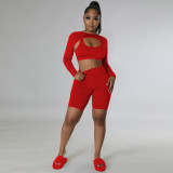Red Solid Color Sports Long Sleeves Shawl Vest & Shorts 3 Piece Set