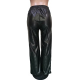 Women's Faux Leather Wide Leg Pants Vintage High Waist PU Leather Palazzo Pants