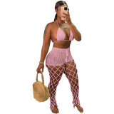 Sexy Pink Beach Fishnet Perspective Hollow Halter Crop Top Two Piece