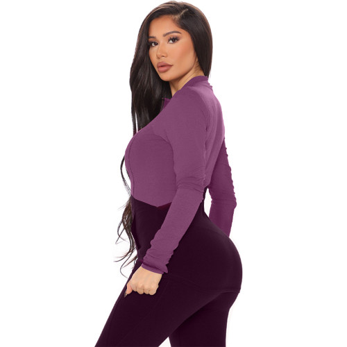 Color Block Zipper Turndown Neck Blouse and Pants