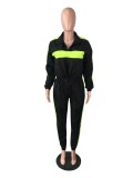 Casual Black Color Matching Zipper Lapel Running Sweatshirt Pants Set