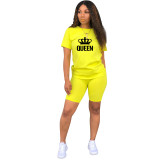 Summer Casual Yellow Knit Print Sports Shorts Set Two Piece