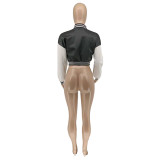 Autumn Long Sleeve Crop Tops Printed Baseball Short Jacket with Pockets