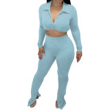 Solid Color Light Blue Thicken V Neck Button Crop Top Split Casual Set