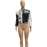 Casual Colorblock Button Fashion Print Double Thread Baseball Jacket