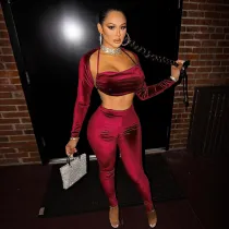 Rose Sexy Solid Korean Velvet Patchwork Halter Long Sleeve Three Pieces