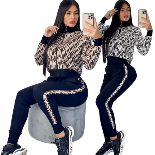 Casual High Neck Zipper Printed Letter Autumn 2 Piece Pant Set