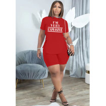 Casual Red Letter Print Slit Eyelet Lace Up O Neck Short Sleeve Tracksuit Shorts Set