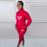 Casual Fleece Printed Letters Zipper Pullover High Neck Pant Set 2 Pieces