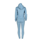Autumn Winter Thick Drawstring Jogger Two Piece Light Blue Sweatpants and Hoodie Set