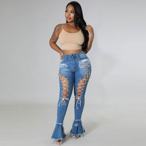 Light Blue Vintage Mid Waist Shredded Eyelet Bandage Denim Flared Pants