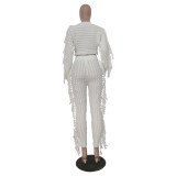 Winter Clothing Casual White Tassels Sweater Crop Top and Pants 2PC Knit Tracksuit Set