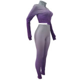 High Neck Gradient Embroidered Letters Sports Two-Piece Set