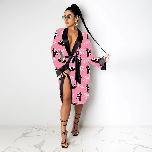 Fashion Women's Robes Print Loose Pajamas Bathrobe Bandage Robes Housewear Women's Wear Sleepwear Robes