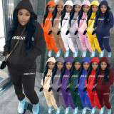 Casual Letter Pyrography Velvet Drawstring Kangaroo Pocket Hoodie & Pants Set