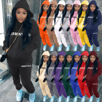 Casual Letter Pyrography Velvet Drawstring Kangaroo Pocket Hoodie & Pants Set