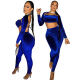 Royal Blue Sexy Solid Korean Velvet Patchwork Halter Long Sleeve Three Pieces