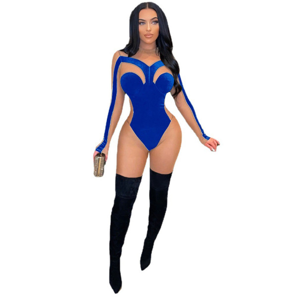 Gold Velvet Mesh Stitching Jumpsuit & Romper