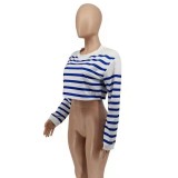 Casual Striped Printed Long Sleeve Cropped Top