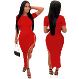 Solid Color Round Neck Slit Side Zipper Hot Drill Long Dress