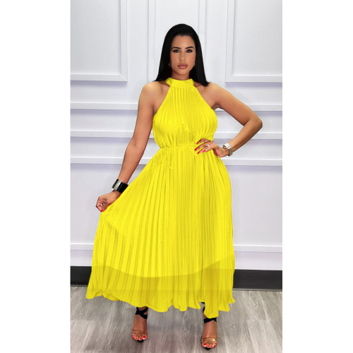 Summer Yellow Chiffon Double Tie Sleeveless Long Pleated Dress
