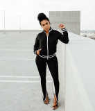 Womens 2 Piece Outfit Cold Shoulder Zipper Up Long Sleeve Jacket and Pants Set