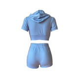 Solid Light Blue Zipper Cardigan Hooded Cropped Two-Piece Short Summer Set