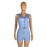 Sexy Single-breasted Plaid Sleeveless Two Piece Shorts Set