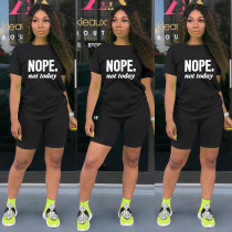 Casual Black Short Sleeve Knit Print Sportswear Shorts Set Two Piece