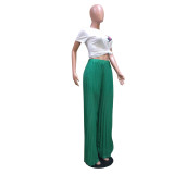Green Casual Solid Pleated Mid Waist Wide Leg Pants