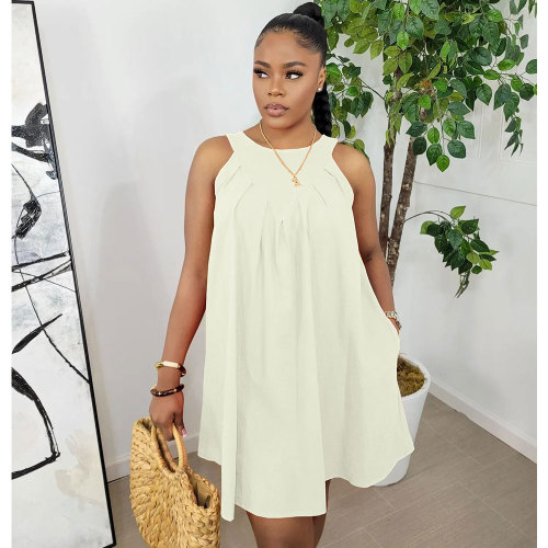 White Solid Color Sleeveless Crew Neck Pleated Cotton Mini Dress with Pocket