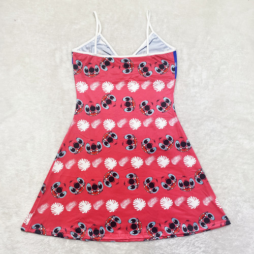 Sexy Loungewear Summer Cartoon Pattern Printed Spaghetti Strap Homewear Dress