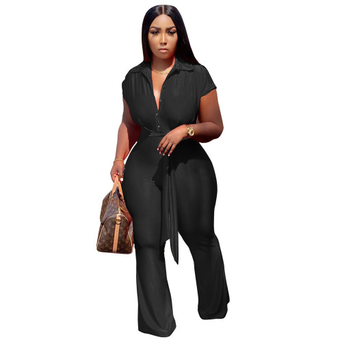 Black Fashion Shirt Collar Single-breasted Wide Leg Jumpsuit with Belted