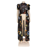 Summer Plus Size Women Print Puffed Short Sleeve Sexy Mesh Long Dress