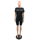 Casual High Elasticity Fashion Pyrography Letter Short Sleeve Shorts Set