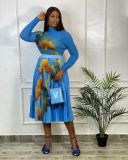 Fashion Printed Long Sleeve Top & High Waist Pleated Skirt 2 Piece Sets