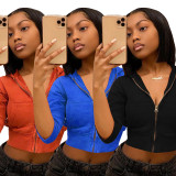 Casual Hooded Sports Crop Sweatsuit Top with 2 Pockets
