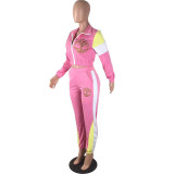 Casual Contrast Color Embroidered Pant Set
