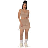 High Elastic Cotton Pit V Neck Low-cut Drawstring Skirt Set